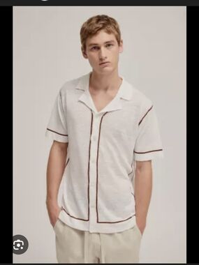 Venroy White Knit Short-Sleeve Button-Down Camp Shirt with Brown Trim_1